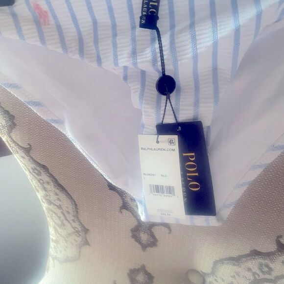 NWOT Ralph Lauren POLO Blue White Striped Pink Logo Bikini Bottoms Size Large - Picture 1 of 3